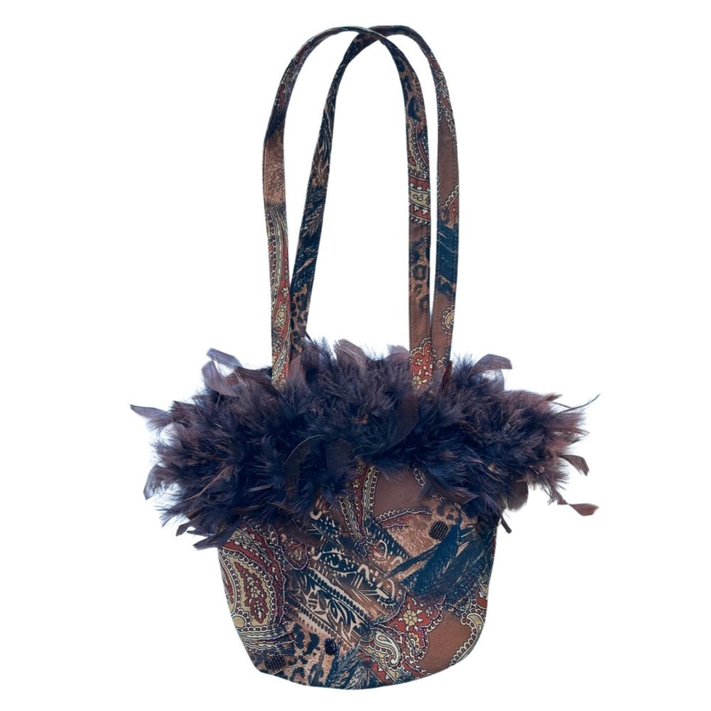 Elka Vintage shoulder bag feather trim boho leopard print